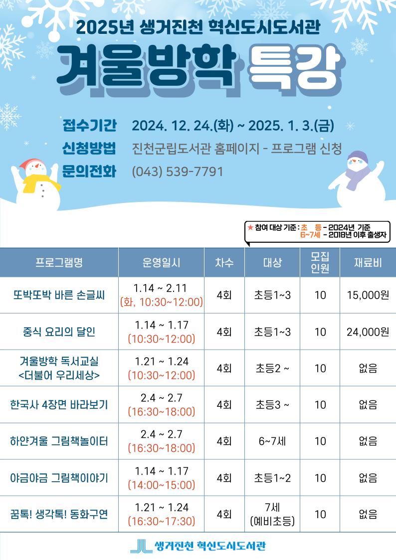 2025년 혁신도시도서관 <겨울방학 특강> 운영 안내